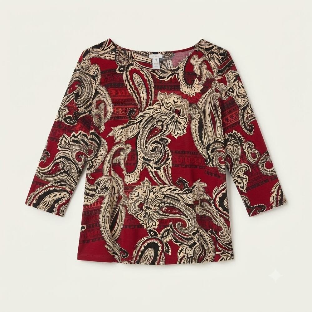 Chico's‎ Women's XL Boho Artsy Casual Knit Paisley Maximalist 3/4 Sleeve Tunic